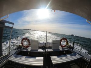 Back deck of the St Kilda Ferry’s “Coastal Flyer” cruising across Port Phillip bay. © St Kilda Ferry.